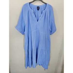 GAP Women XXL Blue Cotton Crinkle Gauze Tiered Dress NWT V-Neck Short Sleeve New